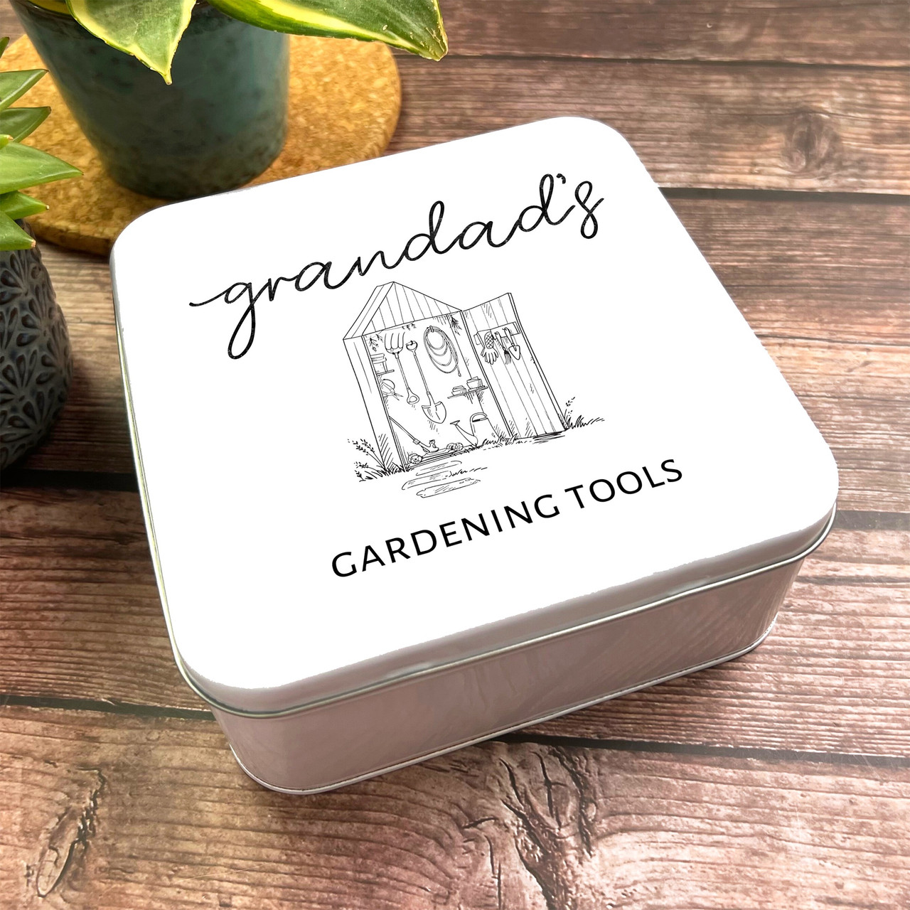 Square Garden Shed Black Line Drawing Personalised Gardening Tools Tin